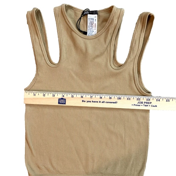 Zara Women Top M/L cutouts Ribbet Tan/cammel color Poly Blend Sl - Picture 4 of 6